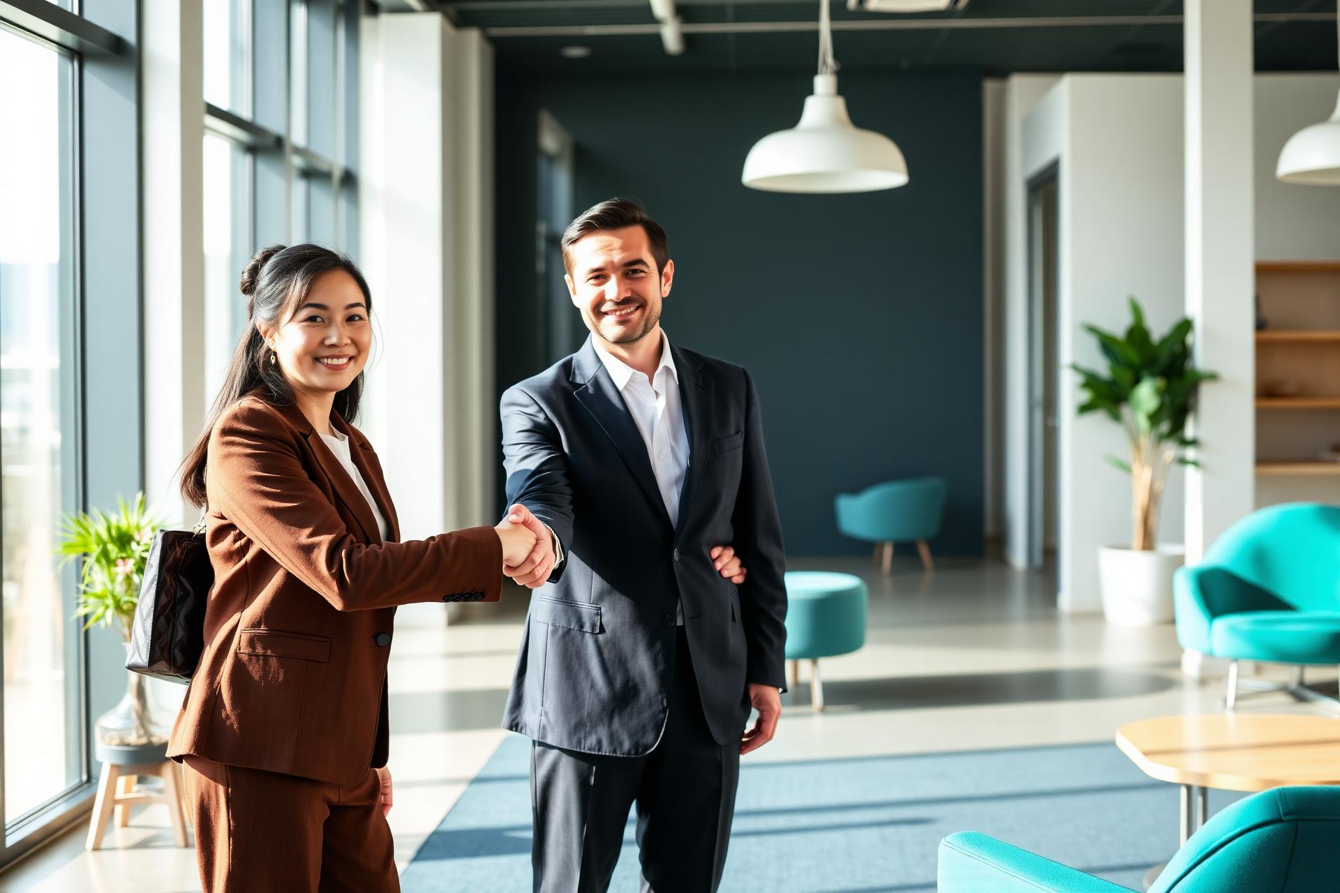 Two professionals shaking hands in a bright modern office with teal accents